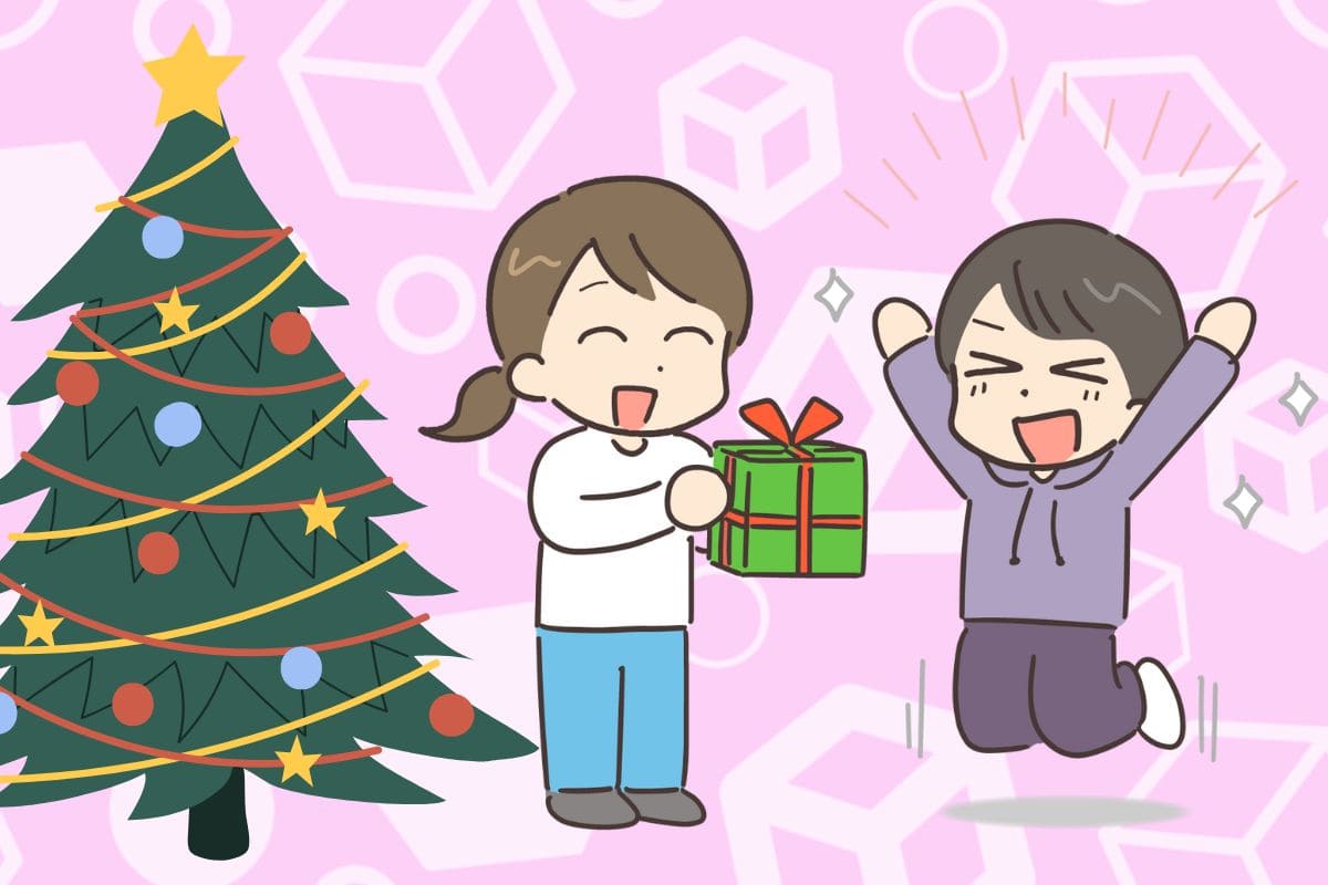 プレゼントを渡す女性と、喜んでいる男性