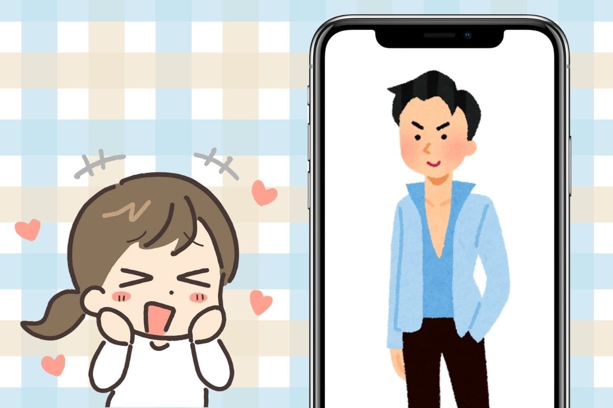 マッチングアプリでモデルのようにかっこいい男性を見つけて喜んでいる女性。